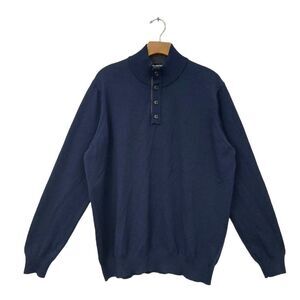 TD Thomas Dean Merino Wool Sweater Pullover Mens XL Navy 1/4 Button High Neck